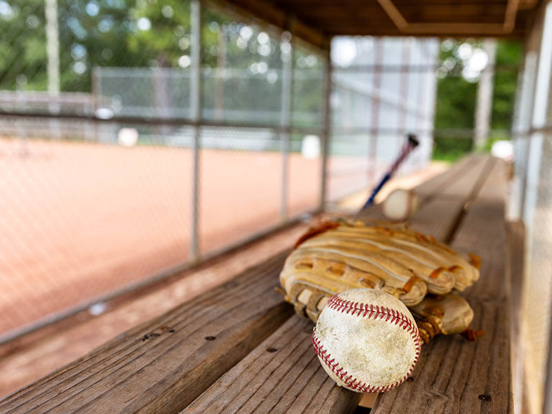 Image of a baseball and mitt lying on a bench.