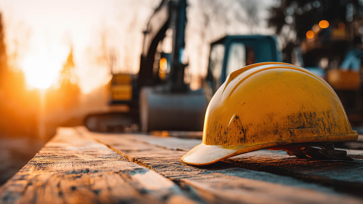 Safety hat resting on wood boards in a construction site