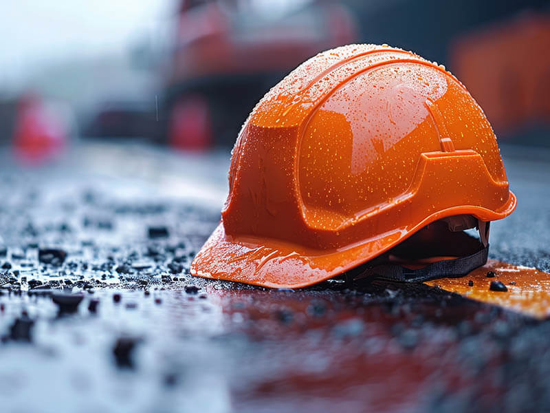 Orange hard hat resting on wet pavement.